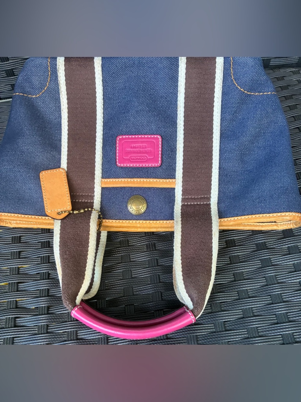 Coach Navy Denim Tote with Brown Straps and Pink Trim - Picture 9 of 16